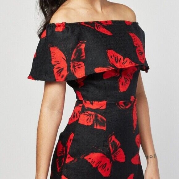 Womens Fashion Butterfly Printed Off Shoulder Dresses Ruffled Asymmetrical Dress - Picture 3 of 7